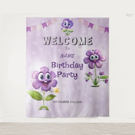 Tenture Joyeuses fleurs violettes cadre de fête d'annivers (Devant)