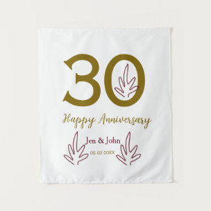 Tenture Joyeux 30e anniversaire nom date feuille rouge dor