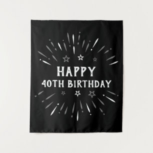 Tenture Joyeux 40e Anniversaire Feux d'Artifice Noir Blanc