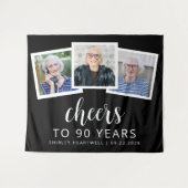 Tenture Joyeux 90e Anniversaire 3-Photo Noir Blanc Script (Devant (Horizontal))