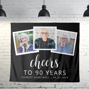 Tenture Joyeux 90e Anniversaire 3-Photo Noir Blanc Script