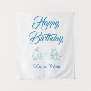 Tenture joyeux anniversaire gâteau bleu cœur nom amour pas