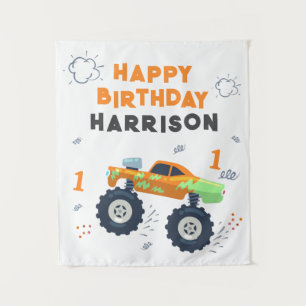 Tenture Joyeux Anniversaire Moderne Monster Car Trucks Nom