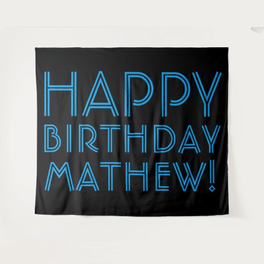 Tenture Joyeux Anniversaire (NOM QUELCONQUE) | Bleu & Noir (Devant (Horizontal))