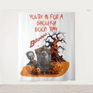 Tenture Joyeux Halloween Cimetière Hanté Avec Arbre Squele