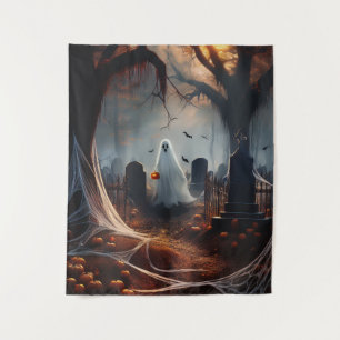 Tenture Joyeux Halloween Fantôme Dans un Cimetière