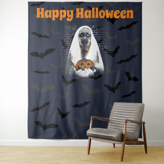 Tenture Joyeux Halloween Fantôme effrayant et Citrouille (En situation)