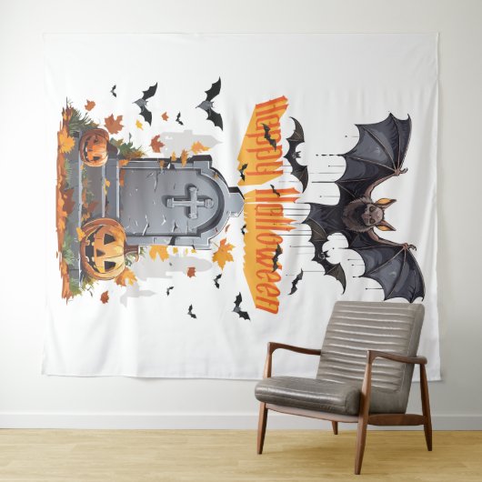 Tenture Joyeux Halloween Head Stone Et Bateaux Vampires (En situation (horizontale))