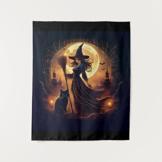 Tenture Joyeux Halloween Sorcière à Minuit (Devant)