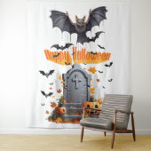 Tenture Joyeux Halloween Tête de Pierre et Chauves-Souris (En situation)