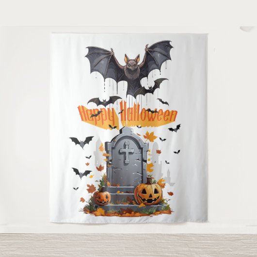Tenture Joyeux Halloween Tête de Pierre et Chauves-Souris (Devant)