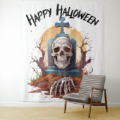 Tenture Joyeux Halloween Tête Pierre Et Squelette (En situation)