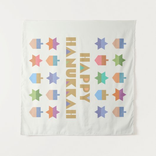 Tenture Joyeux Hanoukka Dreidels and Stars (Devant (Horizontal))