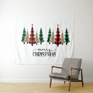 Tenture Joyeux Noël Arbres à Carreaux Rouges et Verts