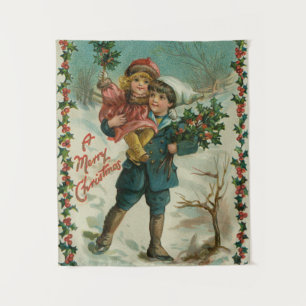 Tenture Joyeux Noël - carte postale rétro, enfants, houx