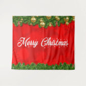Tenture Joyeux Noël en rouge avec feuillage et décorations (Devant (Horizontal))