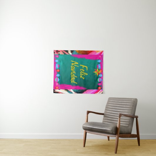 Tenture Joyeux Noël Fête Sur Fond Rose Et Vert (En situation (horizontale))