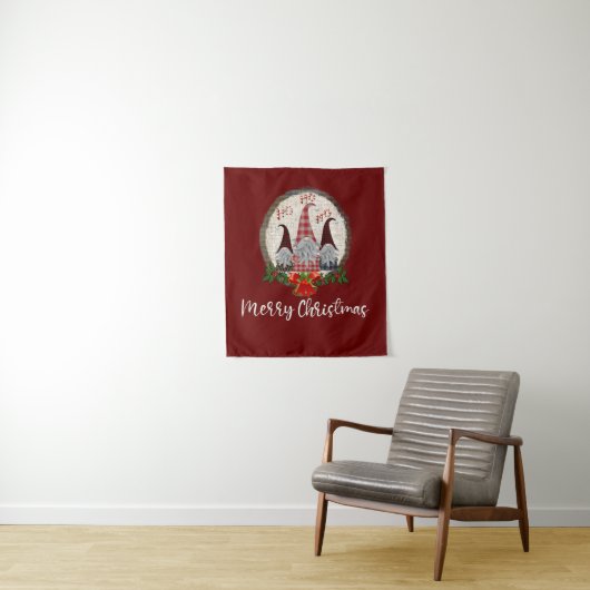 Tenture Joyeux Noël Gnomes Rouge, Rustique, Carreaux, Tend (En situation)