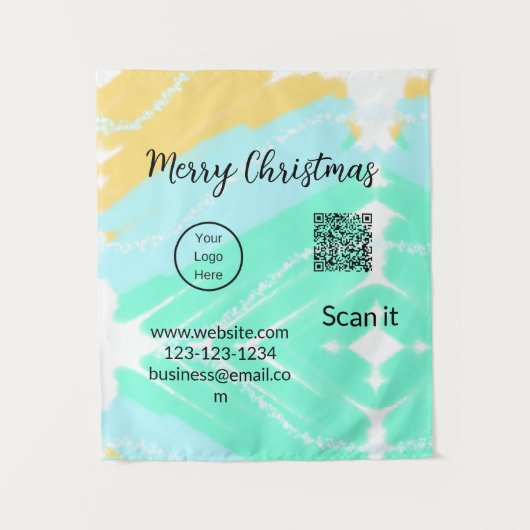 Tenture Joyeux Noël QR code entreprise jaune vert eau (Devant)