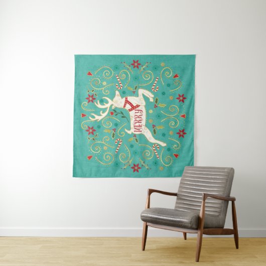 Tenture Joyeux renne de Teal de vacances (En situation)