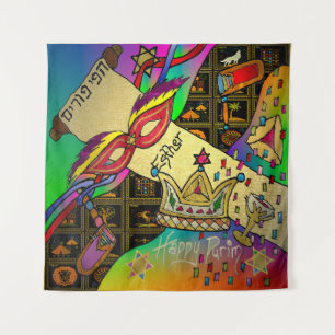 Tenture Judaica Purim Esther Célébration Art Noir Imprimer