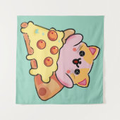 Tenture Kawaii Cat Hugging Pepperoni Pizza Cartoon (Devant (Horizontal))