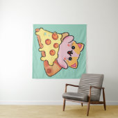 Tenture Kawaii Cat Hugging Pepperoni Pizza Cartoon (En situation (horizontale))