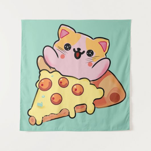 Tenture Kawaii Cat Hugging Pepperoni Pizza Cartoon (Devant)
