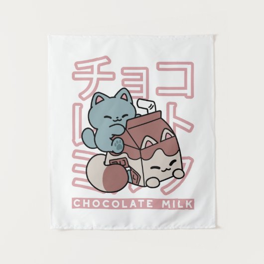 Tenture Kawaii Cat with Chocolate Milk – Japanese Pop Art (Devant)