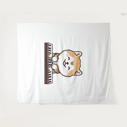 Tenture Kawaii Chien mignon Jouer Piano Clavier (Devant (Horizontal))
