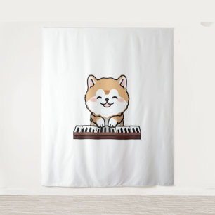 Tenture Kawaii Chien mignon Jouer Piano Clavier