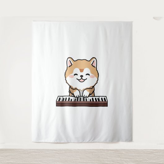 Tenture Kawaii Chien mignon Jouer Piano Clavier (Devant)