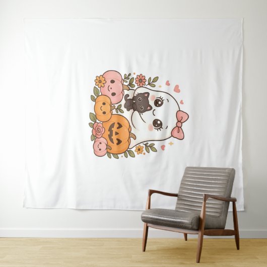 Tenture Kawaii Ghost Halloween Chat noir Citrouille Chat c (En situation (horizontale))