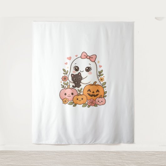 Tenture Kawaii Ghost Halloween Chat noir Citrouille Chat c (Devant)