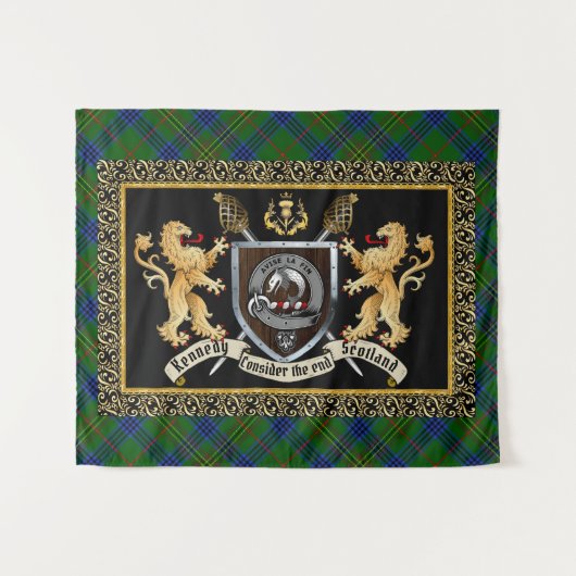 Tenture Kennedy Clan Badge & Motto avec Lions (Devant (Horizontal))