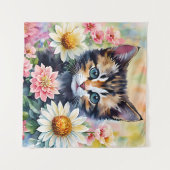 Tenture Kitten Daisy Flowers Aquarelle Art (Devant (Horizontal))