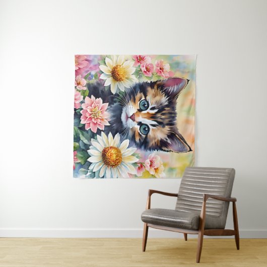Tenture Kitten Daisy Flowers Aquarelle Art (En situation (horizontale))