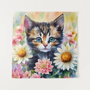 Tenture Kitten Daisy Flowers Aquarelle Art