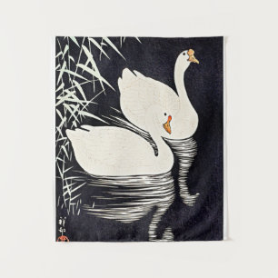 Tenture Koson - Oies chinoises blanches nager par des rose