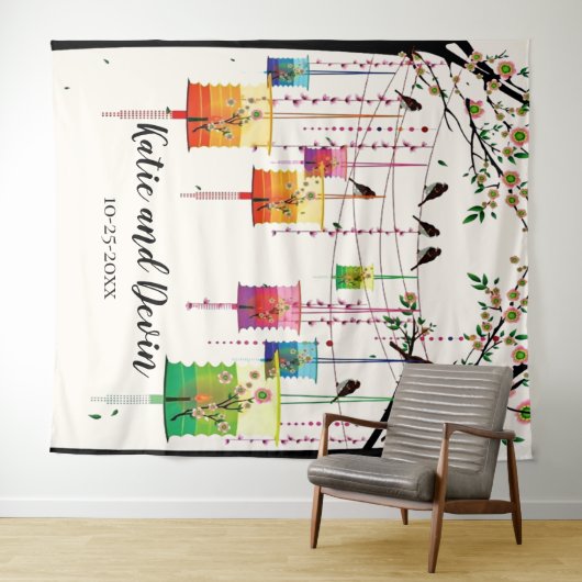 Tenture Lampions Colorés Cerisier Oiseaux Mariage/Baptême (En situation (horizontale))