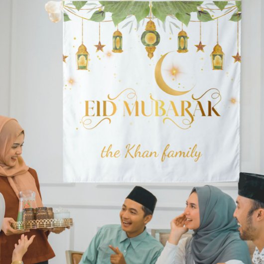 Tenture Lanternes dorées et blanches personnalisées Eid Mo