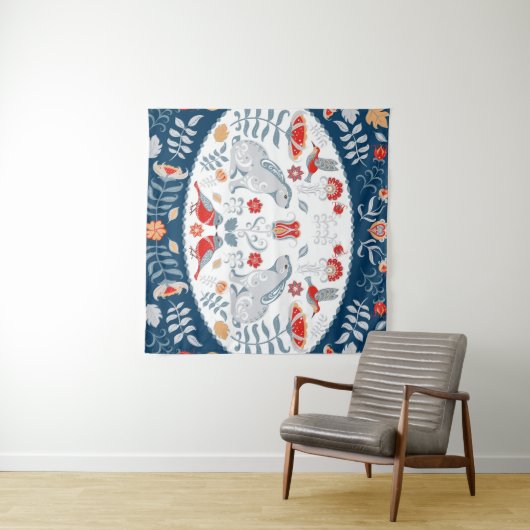 Tenture Lapins, fleurs : bannière d'art populaire. (En situation (horizontale))