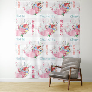 Tenture Lapins Mignons sur Motif de Parapluie Floral Rose 