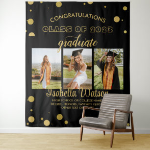 Tenture Large 3 Photos Graduation Party BlackGold Backdrop