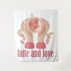Tenture Latte et coupe d'amour, mains et citation de café