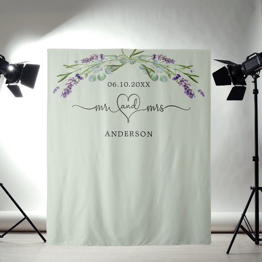 Tenture Lavande sauge vert M. mrs coeur mariage photo