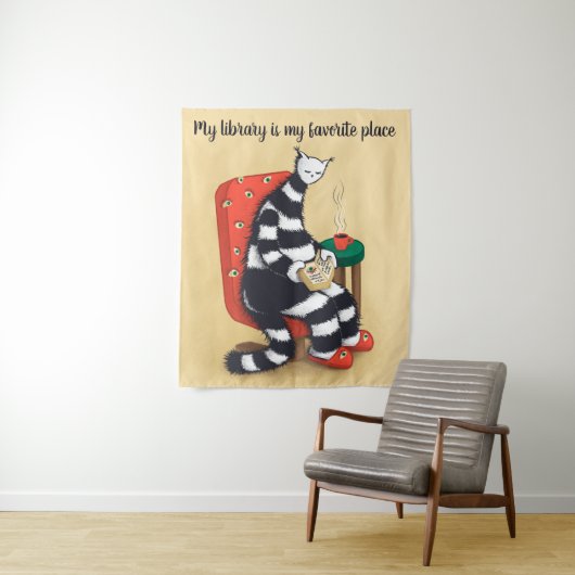 Tenture Lecture de la bibliothèque d'amusement de chats (En situation)