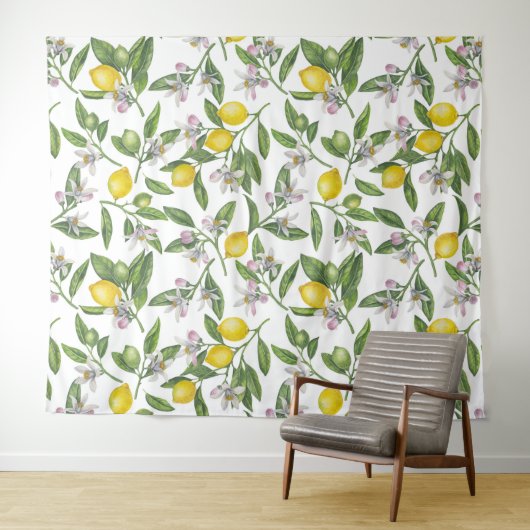 Tenture Lemon branches with blossoms and fruit on white (En situation (horizontale))