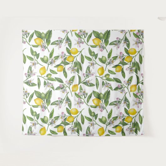 Tenture Lemon branches with blossoms and fruit on white (Devant (Horizontal))