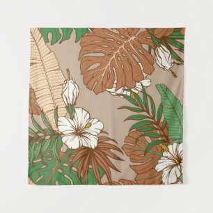 Tenture Léopard fourrure tropicale feuille fleurs d'hibisc
